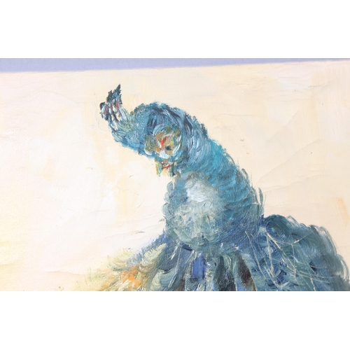 440R - A large retro 1980's oil on canvas depicting a peacock, signed Paul and dated 1980, unframed, approx... 