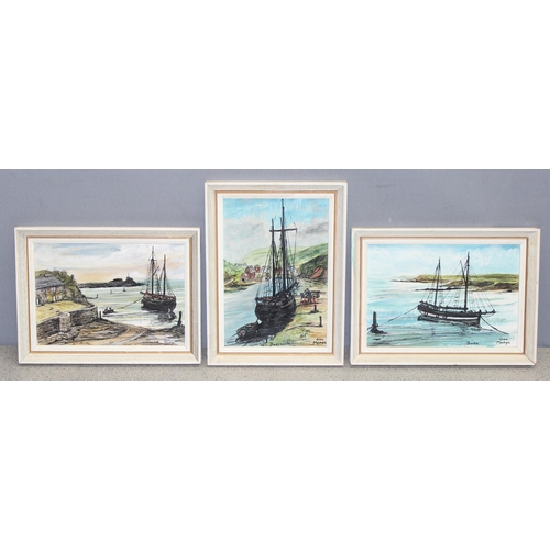 440L - Joan Madge (XX), a trio of interesting mid-century oil on board paintings of silhouette ships, 2 ent... 