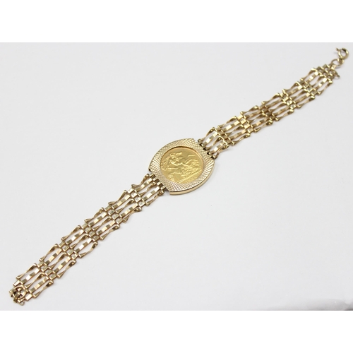 1100 - A vintage 9ct gold bracelet set with a 1982 22ct gold half sovereign coin, marked and XRF confirmed,... 