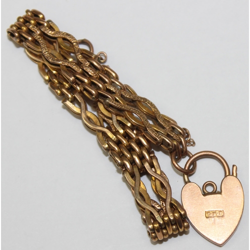 1103 - A vintage 9ct gold bracelet with heart shaped padlock clasp, various markings and XRF confirmed, app... 