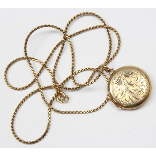 1115 - 9ct gold locket with engraved decoration on 9ct gold chain, both marked and XRF confirmed, the chain... 