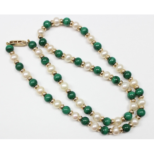 1124 - A vintage pearl and malachite bead necklace with 9ct gold clasp, clasp marked 375 and XRF confirmed,... 