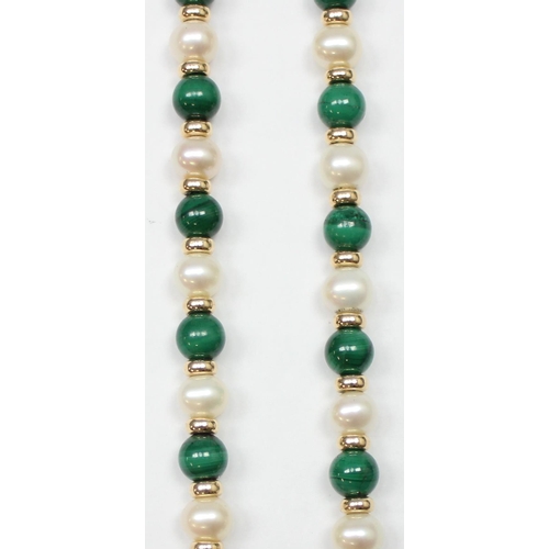 1124 - A vintage pearl and malachite bead necklace with 9ct gold clasp, clasp marked 375 and XRF confirmed,... 