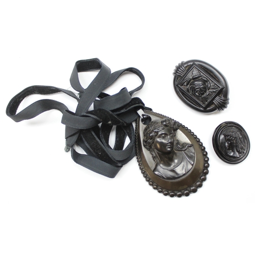 1126 - 3 pieces of Victorian jewellery, all believed to be Whitby Jet, to inc a cameo pendant on long velve... 