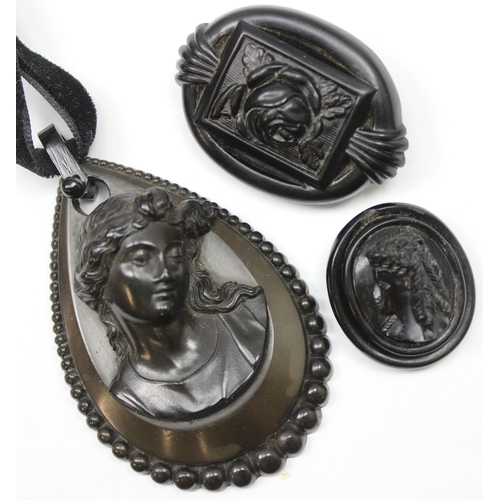 1126 - 3 pieces of Victorian jewellery, all believed to be Whitby Jet, to inc a cameo pendant on long velve... 