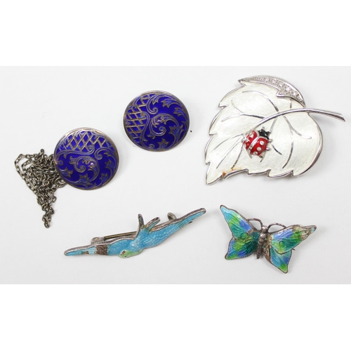 1127 - A vintage Nicole Barr silver and enamel leaf brooch with ladybird, 2 silver and enamel brooches of a... 