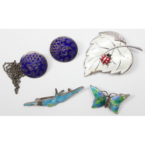 1127 - A vintage Nicole Barr silver and enamel leaf brooch with ladybird, 2 silver and enamel brooches of a... 