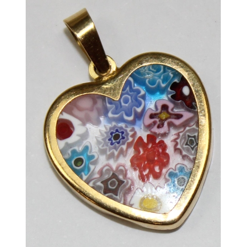 1135 - An 18ct gold mounted heart shaped millefiori glass pendant, marked 750 and XRF confirmed, approx 1.5... 