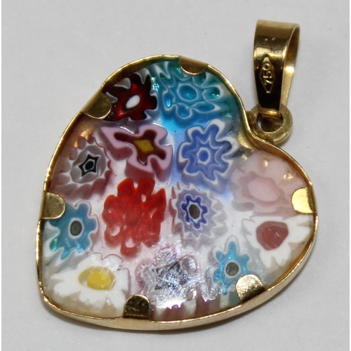 1135 - An 18ct gold mounted heart shaped millefiori glass pendant, marked 750 and XRF confirmed, approx 1.5... 