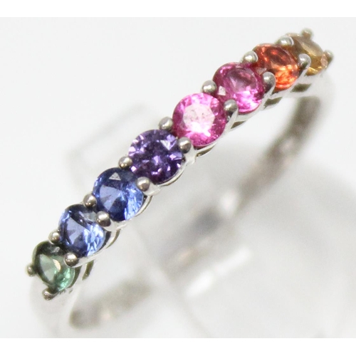 1136 - A 14ct white gold multicoloured stone ring, marked and XRF confirmed, approx size N, approx 1.48g gr... 