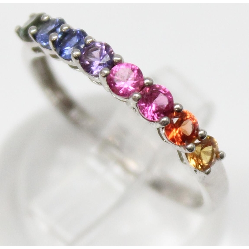 1136 - A 14ct white gold multicoloured stone ring, marked and XRF confirmed, approx size N, approx 1.48g gr... 