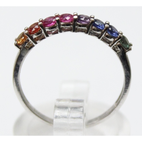 1136 - A 14ct white gold multicoloured stone ring, marked and XRF confirmed, approx size N, approx 1.48g gr... 