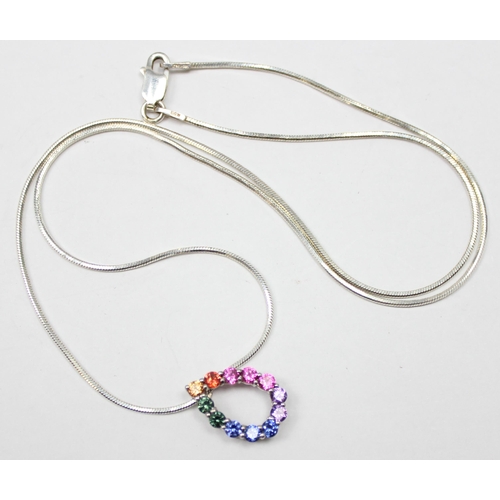 1137A - A 14ct white gold and multicoloured stone set pendant on a 925 silver snake chain necklace, both pie... 