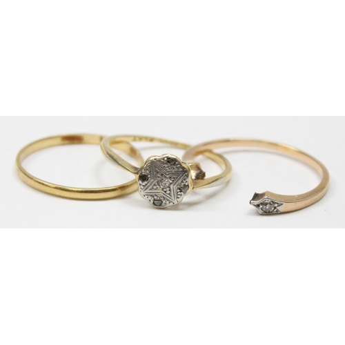 1168 - 3 assorted 18ct gold rings, to inc an Art Deco style diamond set ring, a small band ring and an illu... 