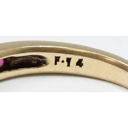 1172 - A retro style 9ct gold diamond and ruby half eternity ring, marked and XRF confirmed, approx size Q,... 