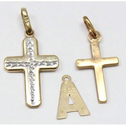 1179 - 2 9ct gold crucifix pendants, a 9ct gold A pendant or charm and a 9ct gold DAD pin, all XRF confirme... 