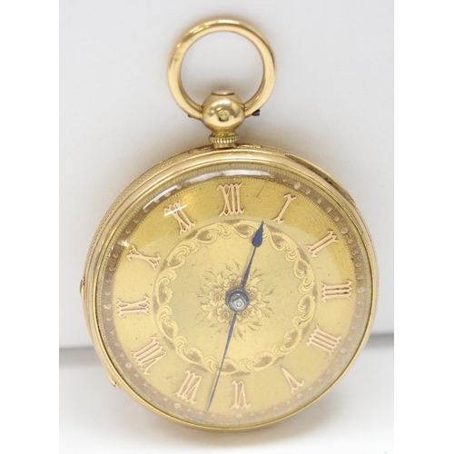 1300 - A Victorian 18ct gold cased pocket watch with decorative engine turned face, marks for London 1863, ... 