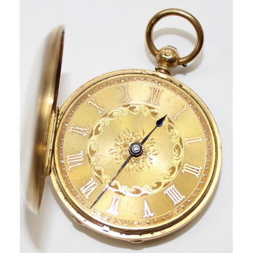 1300 - A Victorian 18ct gold cased pocket watch with decorative engine turned face, marks for London 1863, ... 