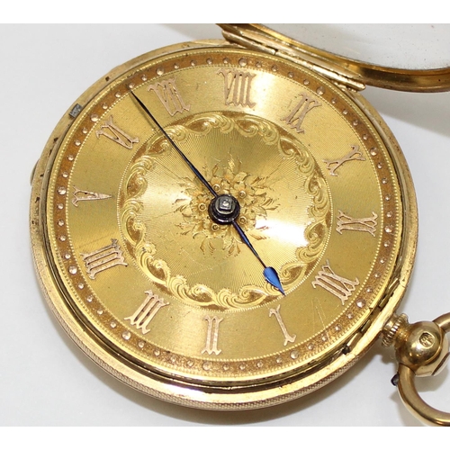 1300 - A Victorian 18ct gold cased pocket watch with decorative engine turned face, marks for London 1863, ... 