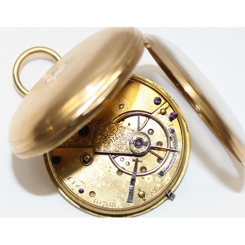 1300 - A Victorian 18ct gold cased pocket watch with decorative engine turned face, marks for London 1863, ... 