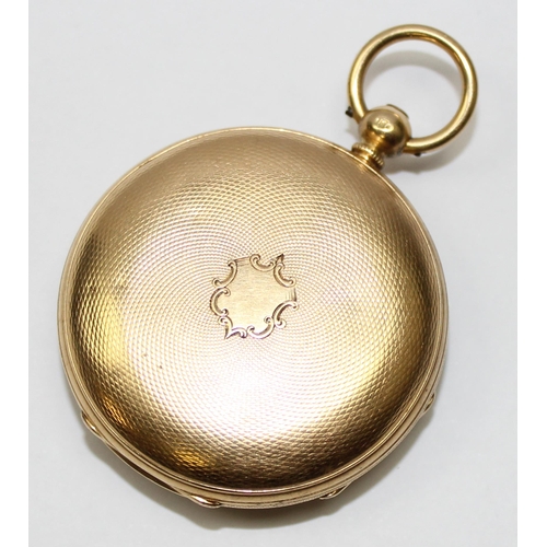 1300 - A Victorian 18ct gold cased pocket watch with decorative engine turned face, marks for London 1863, ... 