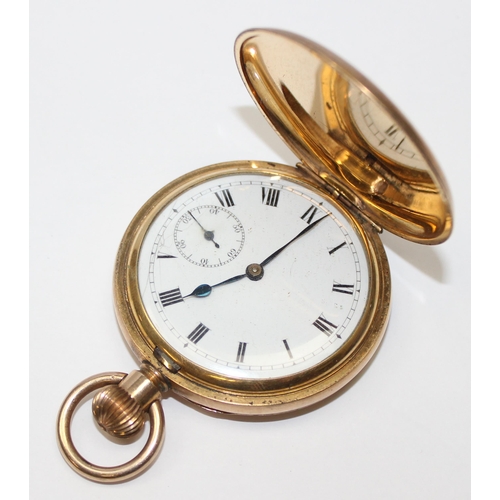 1301 - An early 20th century Swiss made full hunter pocket watch with gold plated case, white enamel dial w... 