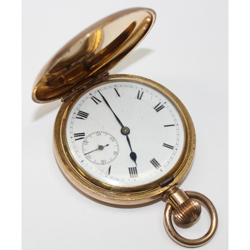 1301 - An early 20th century Swiss made full hunter pocket watch with gold plated case, white enamel dial w... 