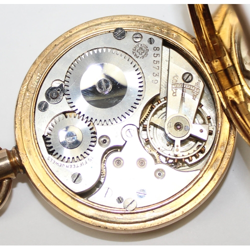 1301 - An early 20th century Swiss made full hunter pocket watch with gold plated case, white enamel dial w... 