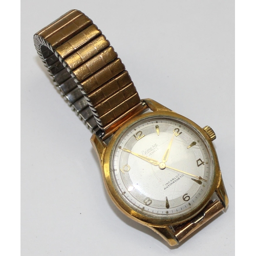 1313 - A vintage Bimesa 17 jewels watch with gold plated case, mechanical movement and an expanding gold pl... 