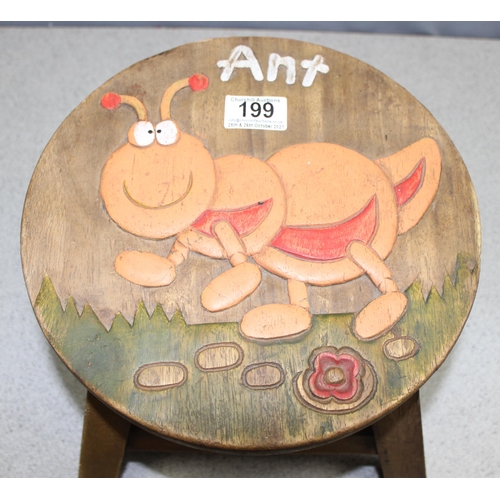 199 - A small wooden children's stool with textured ant design, approx 28cm wide x 28cm deep x 22cm tall