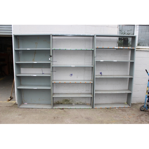 199A - 3 large grey sheet metal garage racking units, the largest two measure 122cm wide x 222cm tall x 32c... 