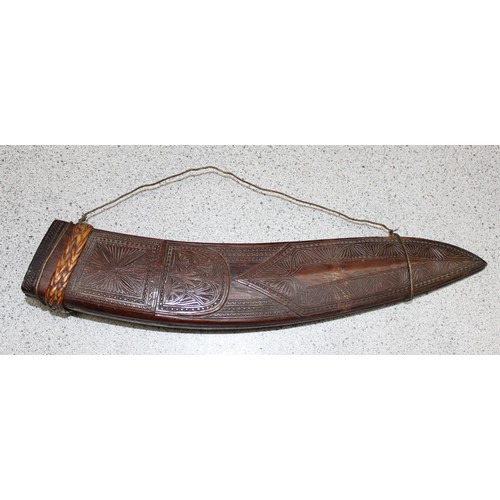 1410 - Vintage Kukri knife in wooden scabbard with two incorporated sharpening knives, and a pair of touris... 