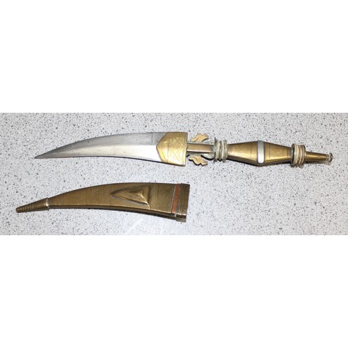 1410 - Vintage Kukri knife in wooden scabbard with two incorporated sharpening knives, and a pair of touris... 