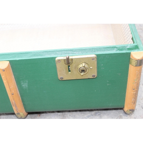 84 - A vintage green wooden ribbed shipping trunk, approx 92cm wide x 54cm deep x 31cm tall