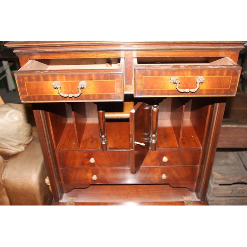 90 - 2 antique style mahogany cabinets, a glazed display cabinet and a fall front bureau or writing desk,... 