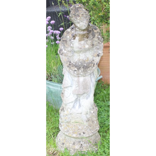 302 - A weathered concrete garden statue of a lady, approx 80cm tall