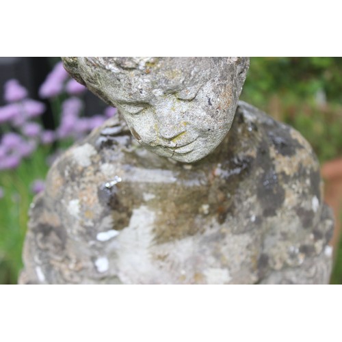 302 - A weathered concrete garden statue of a lady, approx 80cm tall