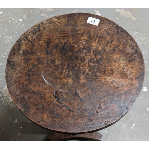 21 - An unusual antique side table with burrwood top, possibly Elm, on pedestal base, approx 41cm diamete... 