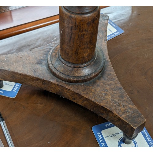 21 - An unusual antique side table with burrwood top, possibly Elm, on pedestal base, approx 41cm diamete... 