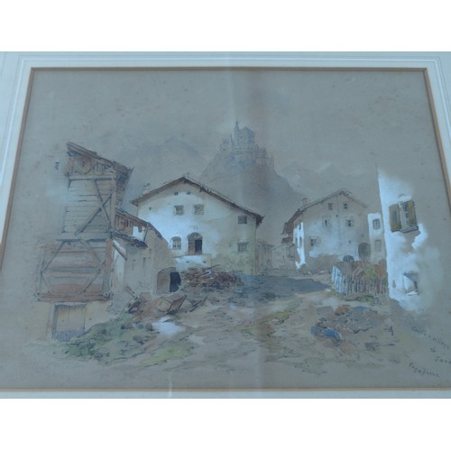 446 - Framed antique watercolour painting of the Castle and Village of Tarasp, Engadine, Switzerland, seem... 