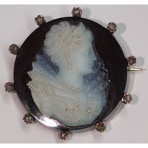 1164 - An 18ct gold and diamond set cameo brooch carved with and Elizabethan female bust, indistinctly mark... 