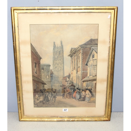 449 - Large antique watercolour street scene in gilt frame of Hope Street, Wrexham, Wales, approx 83cm x 6... 