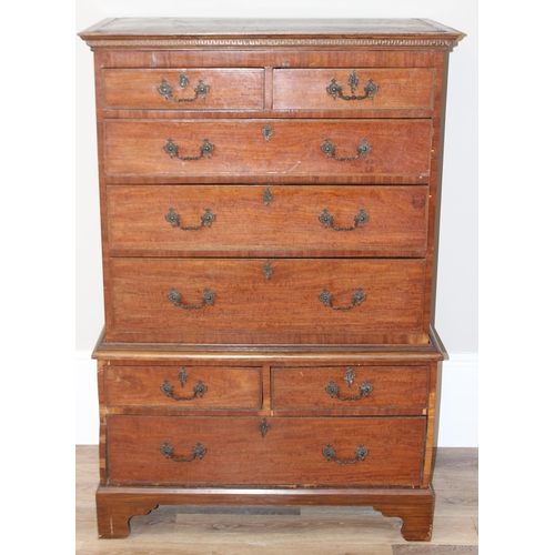 8 - A 19th century mahogany chest on chest with highly decorative brass drop handles, 2 over 3 to top, 2... 