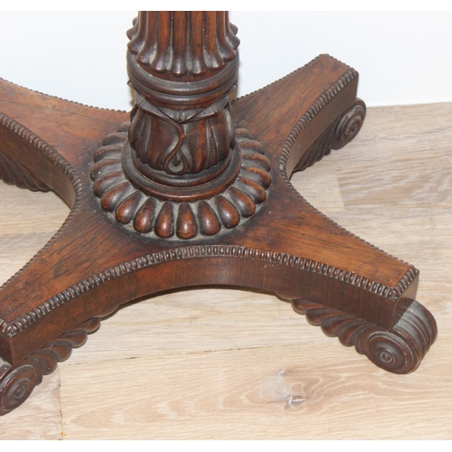 84 - A small antique table with decorative carved mahogany pedestal base and later top, approx 39cm wide ... 