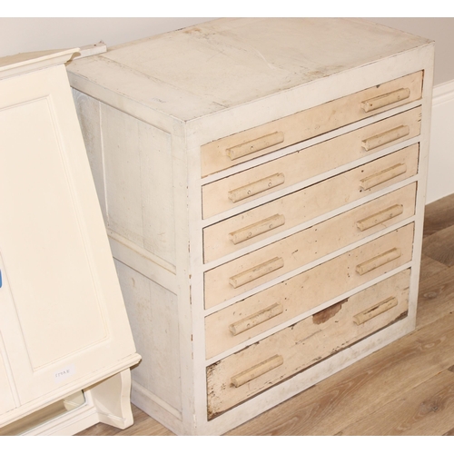 71 - A vintage white painted distressed 6 drawer architects chest of drawers and an antique painted woode... 