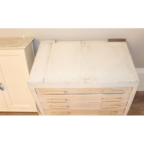 71 - A vintage white painted distressed 6 drawer architects chest of drawers and an antique painted woode... 