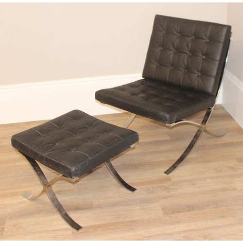 76 - A vintage Barcelona style chrome and faux black leather chair and matching footstool with button bac... 