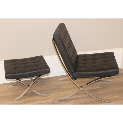 76 - A vintage Barcelona style chrome and faux black leather chair and matching footstool with button bac... 