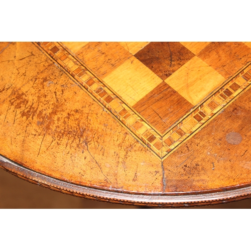 90 - A 19th century tripod chess table or fortune tellers table with inlaid chess board top and bobbin tu... 