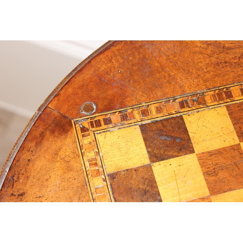 90 - A 19th century tripod chess table or fortune tellers table with inlaid chess board top and bobbin tu... 